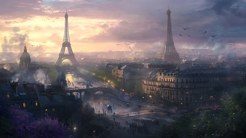 Moody digital cityscape with twin Eiffel Tower structures.