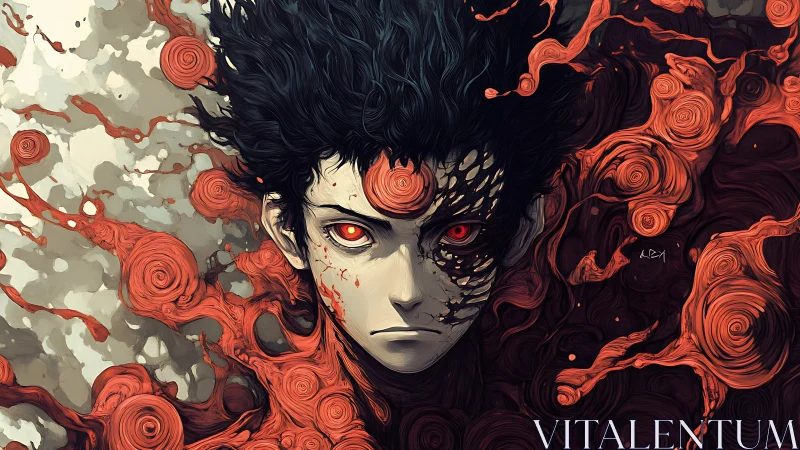 Demonic-eyed warrior in swirling crimson organic maelstrom.