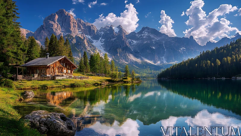 Photorealistic alpine lake cabin with mirrored mountain panorama.