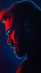 Side profile male portrait uses split red and blue lighting