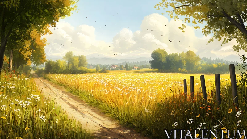 Sunlit country lane wandering through wildflower-gold fields.