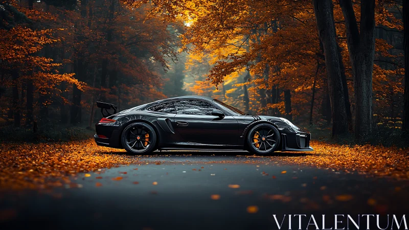 Black sports coupe parked on forest road in autumn light.