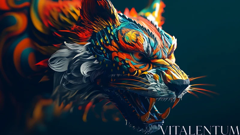Digital painting of neon feral tiger head in dynamic profile.