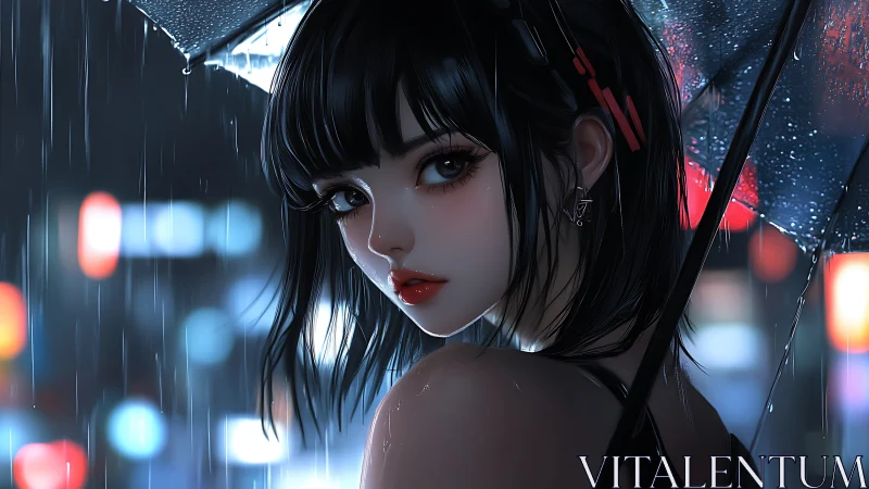 Nocturnal anime portrait renders wet city bokeh and rim lighting