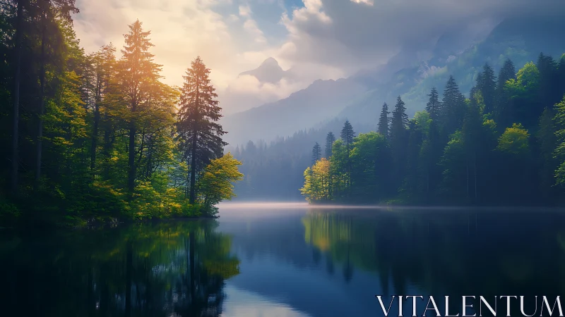 Alpine Lake Sunrise Through Mountain Forest Landscape.