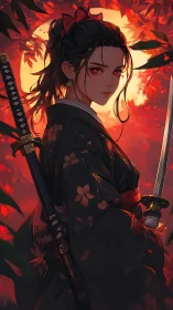 Kimono-clad swordswoman under blazing vermilion sun.