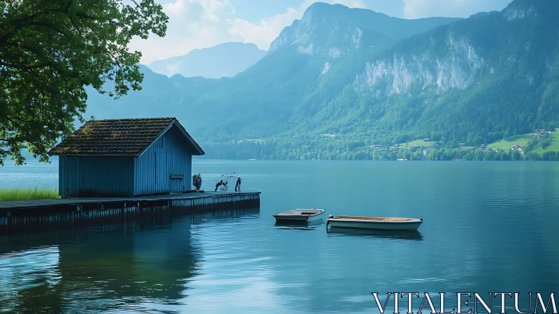 Lakeside boathouse overlooks calm water and distant peaks