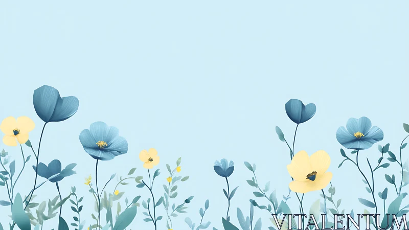 Serene Blue and Yellow Flowers in Pastel Garden.
