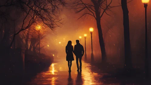 Couple jogging through neon-lit urban park at dusk. Golden streetlamps.