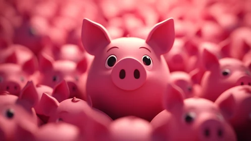 Single bright pink piggy bank stands out inside crowded herd