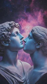 Celestial marble lovers meet softly beneath a glowing nebula