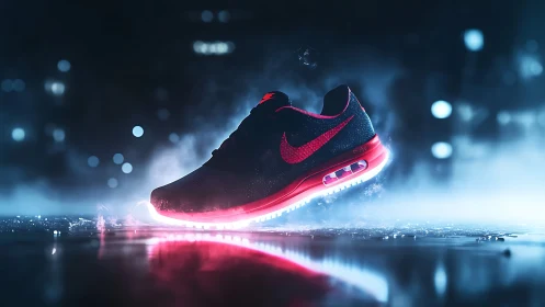Black and red running shoe with glowing neon sole.