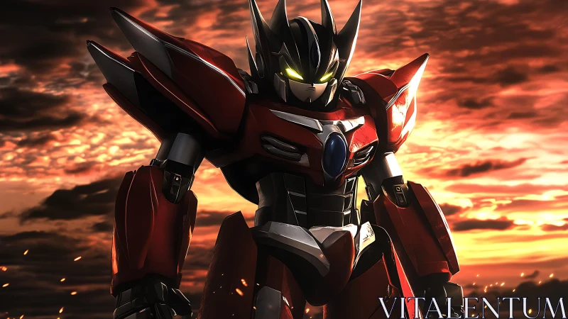 Crimson dusk mecha sentinel prowls a storm-streaked horizon.