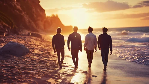 Silhouetted friends walking along sunset shoreline in warm light.