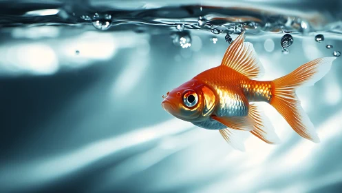 Goldfish close-up in bright water with reflective surface.
