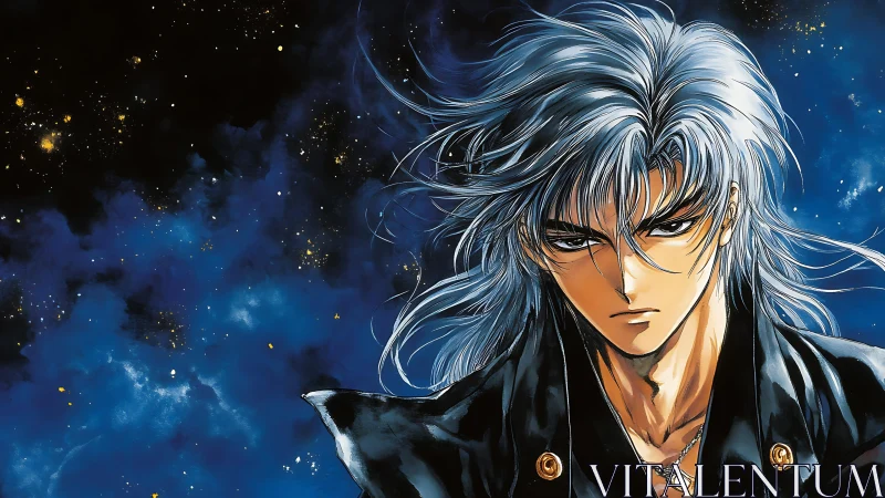 Silver haired anime warrior stares through cosmic night