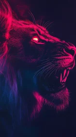 Neon lion roars in electric magenta and midnight blue glow