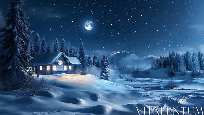 Moonlit snowdrifts cradle a warmly glowing forest cabin