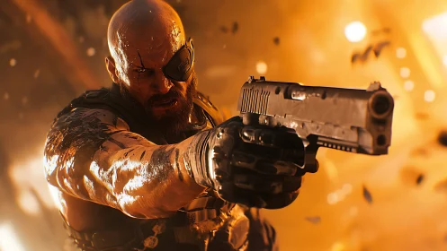 One-eyed mercenary ignites a molten firefight in flames.