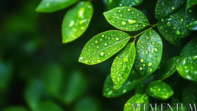 Green leaves with fresh water droplets after rainfall.