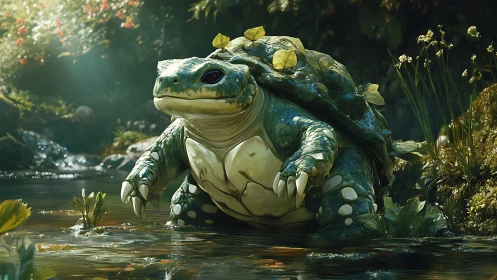 Bioluminescent river tortoise creature in lush riparian microhabitat.