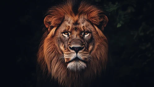 Male lion portrait with dark background and side lighting.