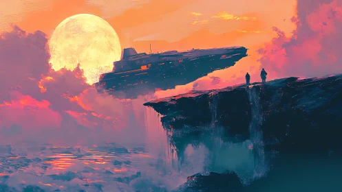 Futuristic starship hovers near cliff edge under massive lunar backlight