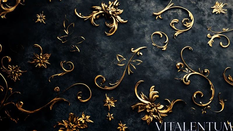 Baroque gold floral filigree motifs on textured black surface