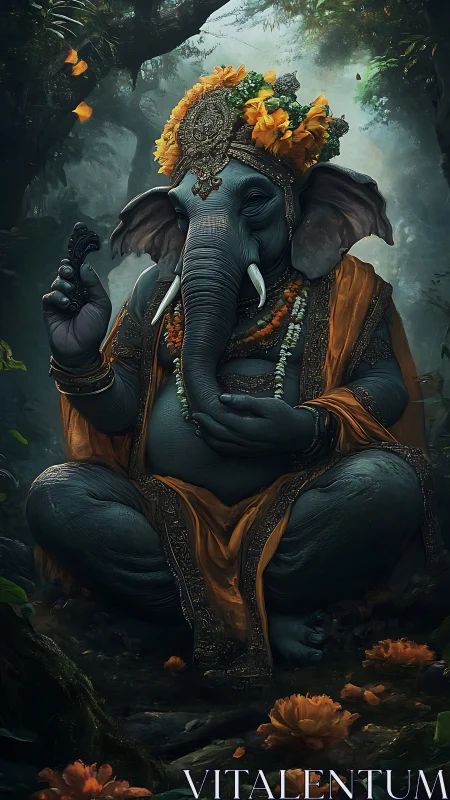 Elephant-headed deity in ornate robes meditates in misted forest