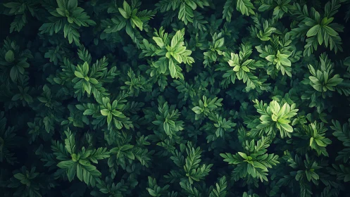 Dense overhead foliage pattern in deep green tones.