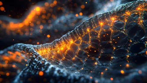 Futuristic glowing mesh structure with orange and blue light effects.
