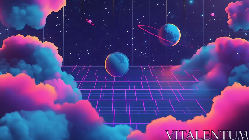 Neon nebula playground with retro grid and drifting planets.