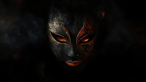 Digital painting of ornate fiery mask in voided chiaroscuro.