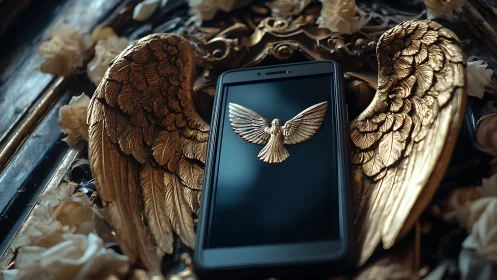 Baroque golden wings frame smartphone with sculpted dove emblem