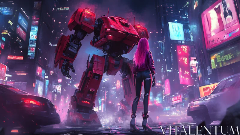 Pink haired woman confronts red mech in neon city street