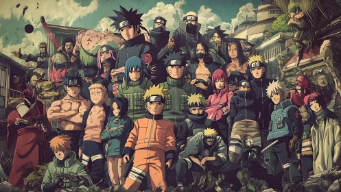 Group composition of Naruto anime characters in village setting.