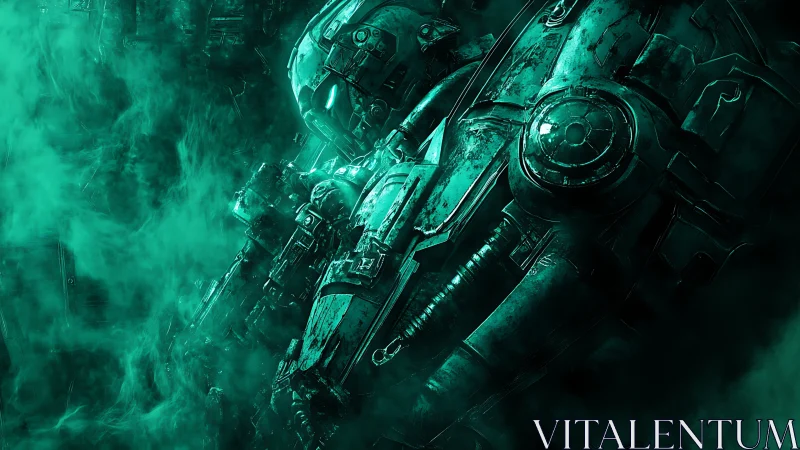 Emergent mech warrior in luminous toxic-green fogscape.