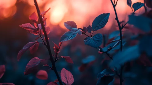 Sunset-lit foliage glows in dreamy blue and coral haze