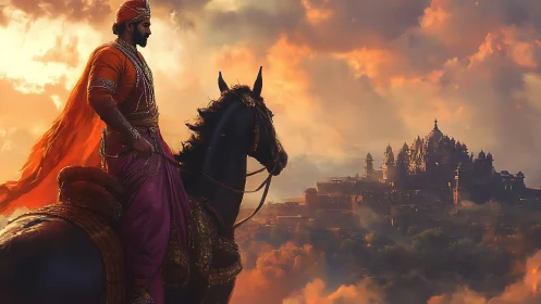 Warrior on horseback surveying distant palace at sunset.