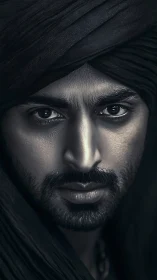 Steady gaze of a turbaned man glows in soft shadowed light