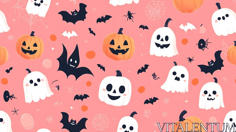 Playful Halloween ghosts and pumpkins on pastel pink background.