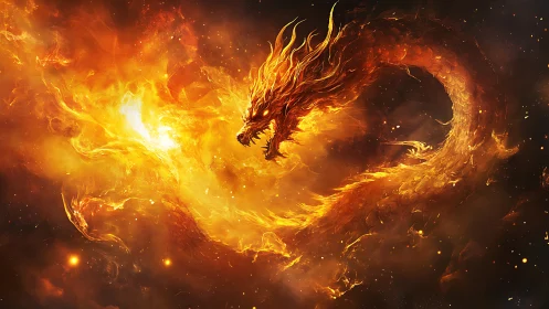 Fiery serpentine dragon form curves through dense glowing plasma