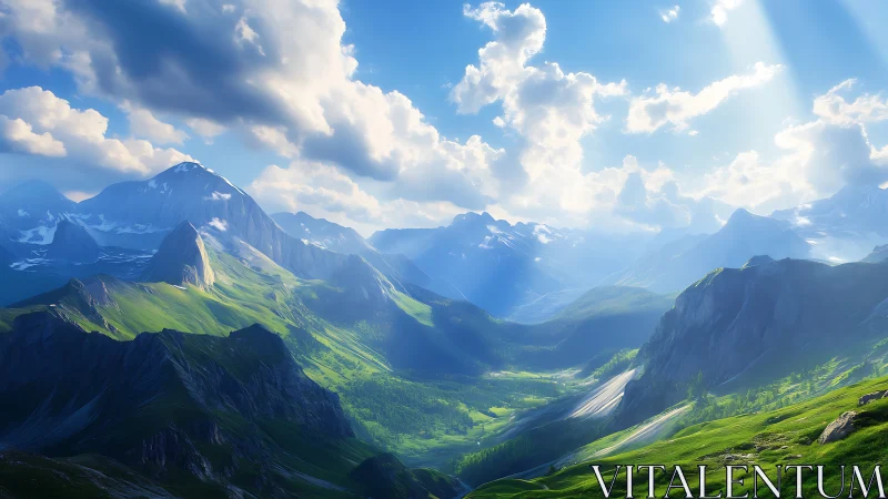 Volumetric-lit alpine valley with high-dynamic-range cloudscape rendering
