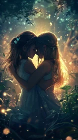 Intimate embrace in glowing forest with ethereal lighting.