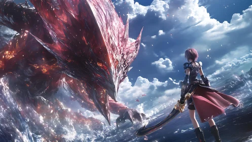 Brave young warrior meets a colossal crystal sea dragon