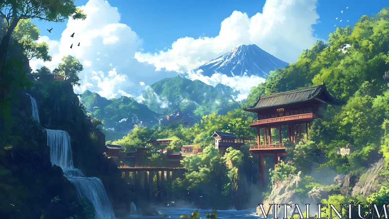 Sunlit mountain temples cradle waterfalls and drifting clouds.