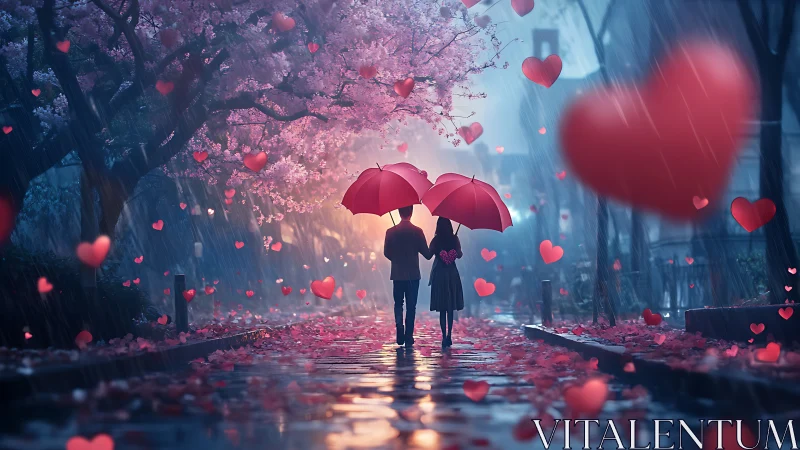 Couple sheltering under red umbrellas in heart-filled rainy street