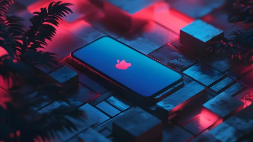 Futuristic iPhone with Glowing Apple Logo in Neon Lighting Scene.