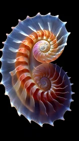 Spiral seashell cross-section with glowing translucent edges.