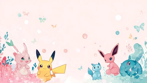 Anime pastel creature lineup with symmetrical floral framing.